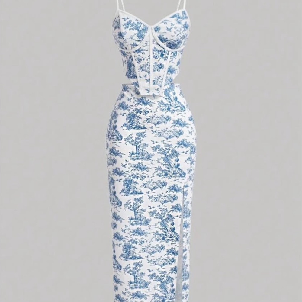 SHEIN Strapless Blue and White Dress